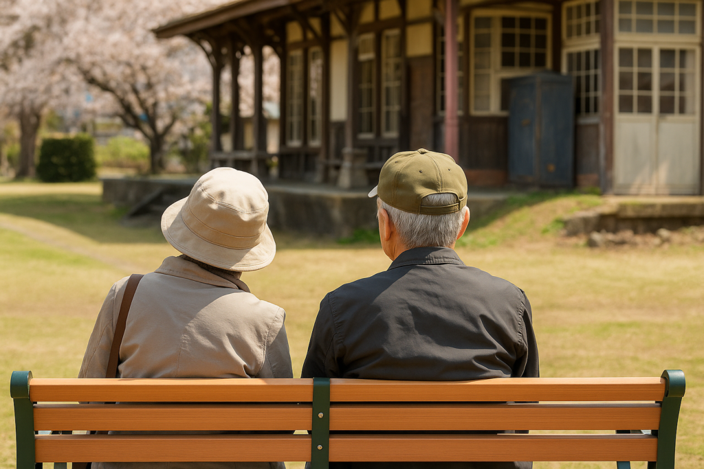 老夫婦がベンチに座っている