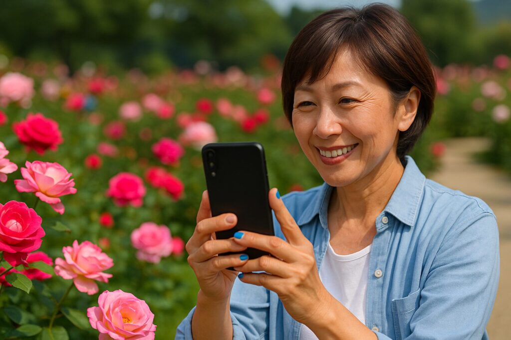 AI画像 薔薇の写真を撮る女性